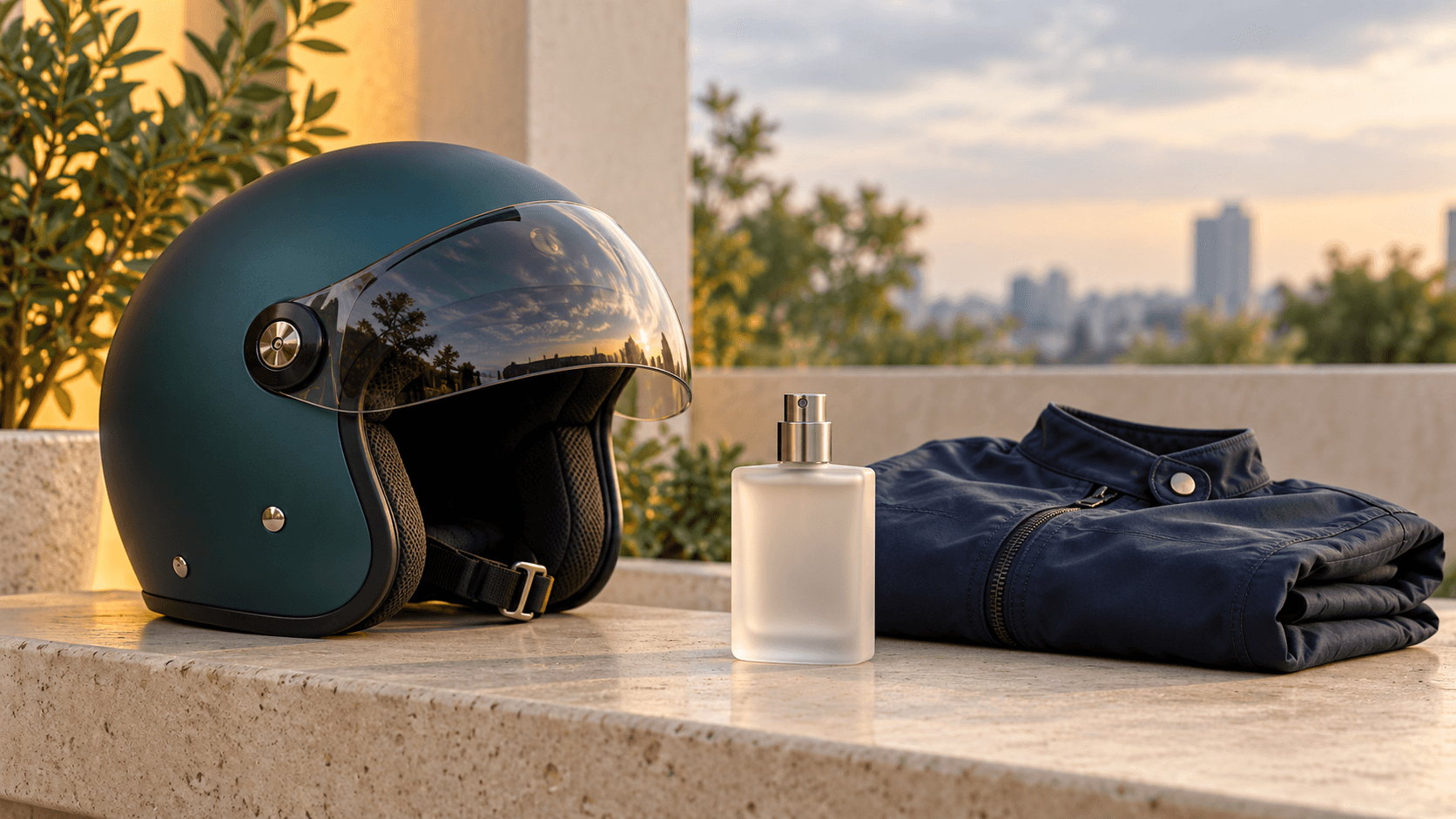 Helm motor teal, jaket navy, dan botol parfum generik tanpa label di atas meja batu