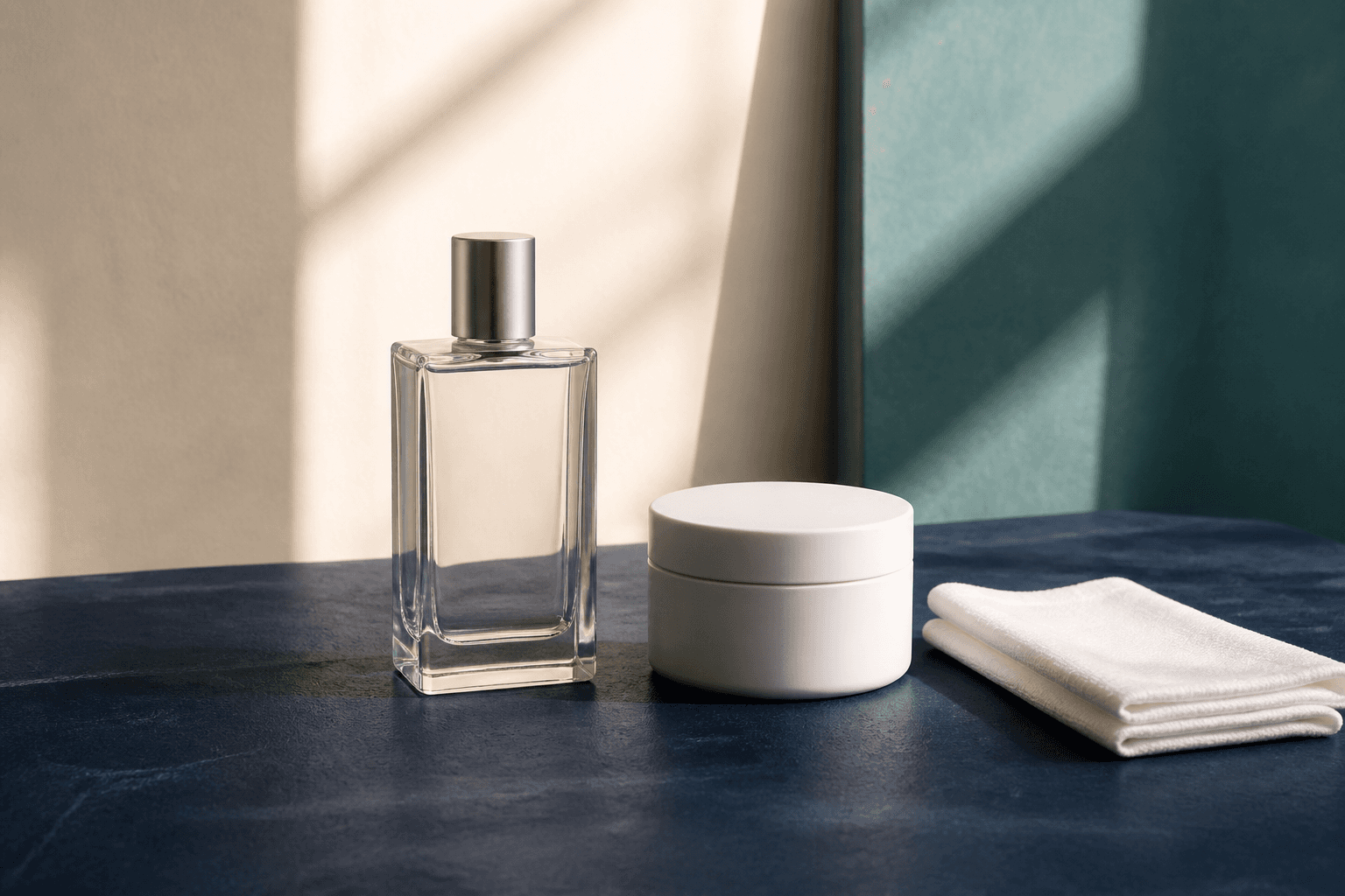 Botol parfum generik, wadah polos, dan kain putih di atas meja berwarna navy