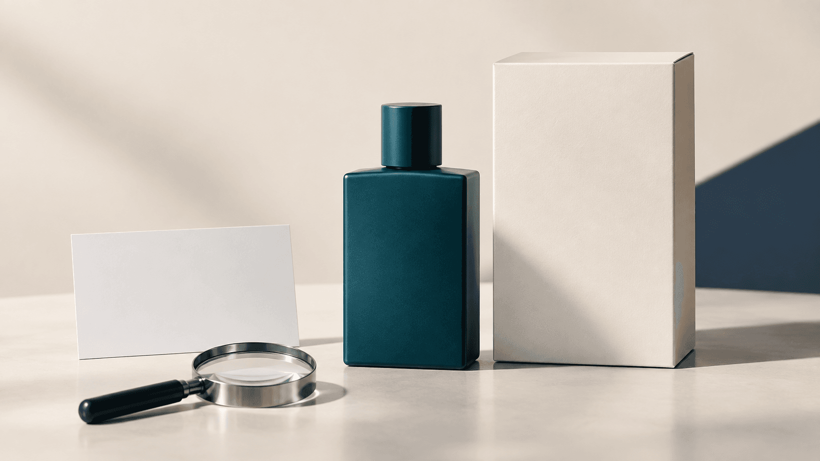 Botol parfum teal generik, kotak polos, kartu kosong, dan kaca pembesar sebagai ilustrasi pemeriksaan informasi produk