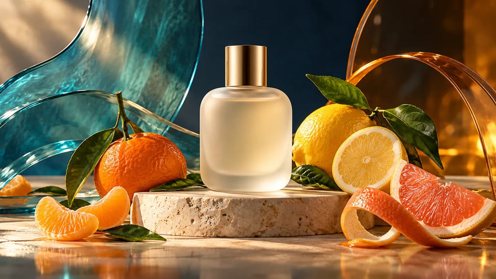 Botol parfum buram tanpa label di antara jeruk, lemon, grapefruit, daun hijau, serta bentuk kaca teal dan amber