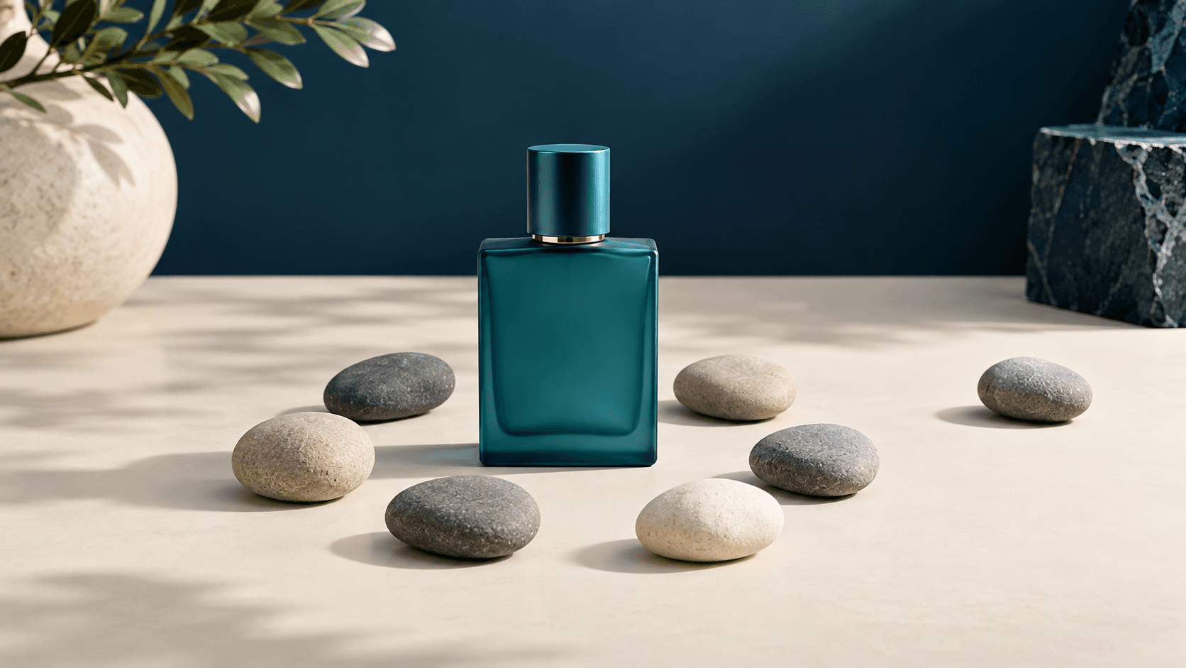 Botol parfum teal generik dikelilingi tujuh batu di atas meja krem
