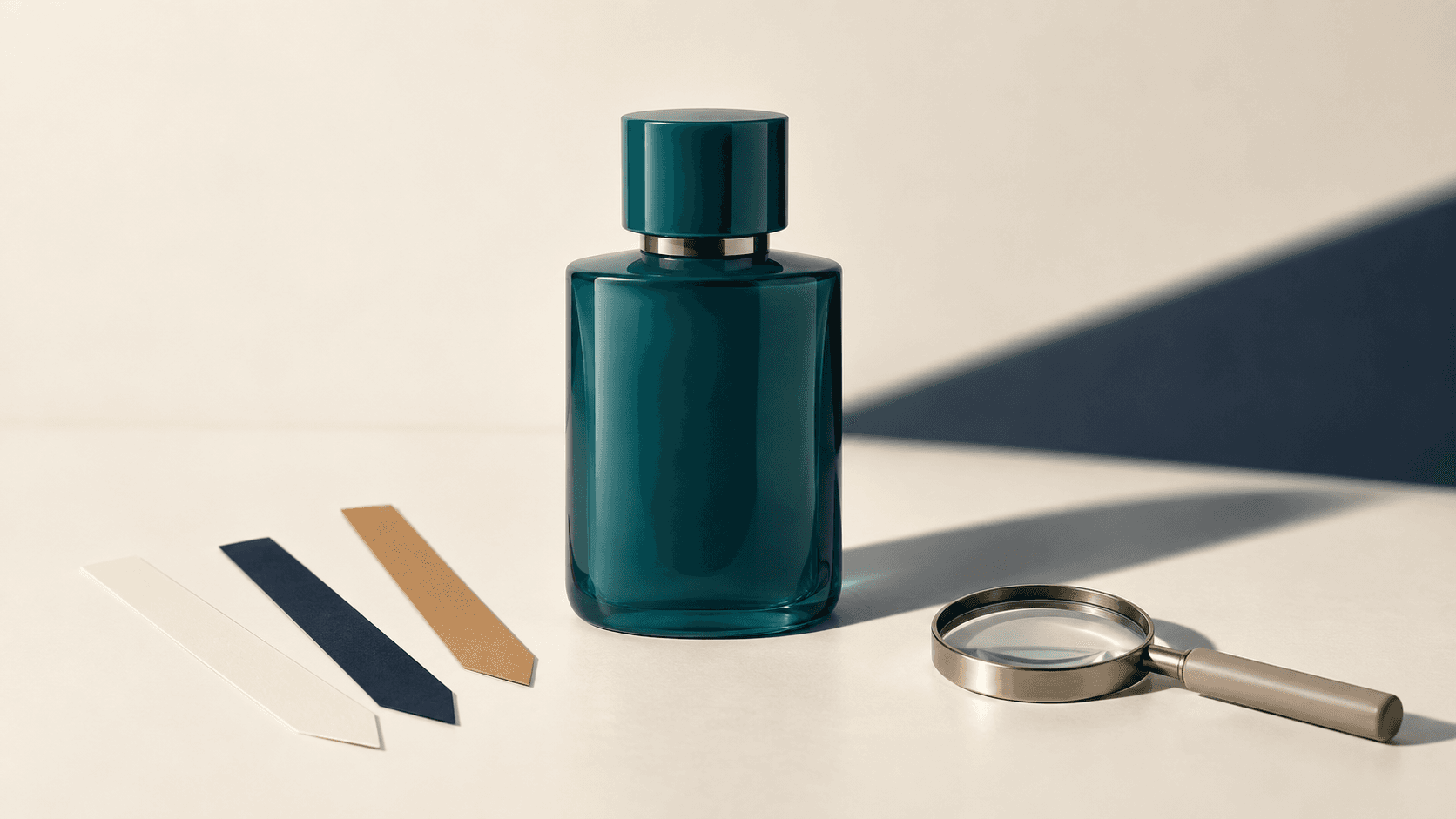 Botol parfum teal generik, tiga blotter warna krem, navy, dan amber, serta kaca pembesar sebagai ilustrasi menilai parfum inspirasi
