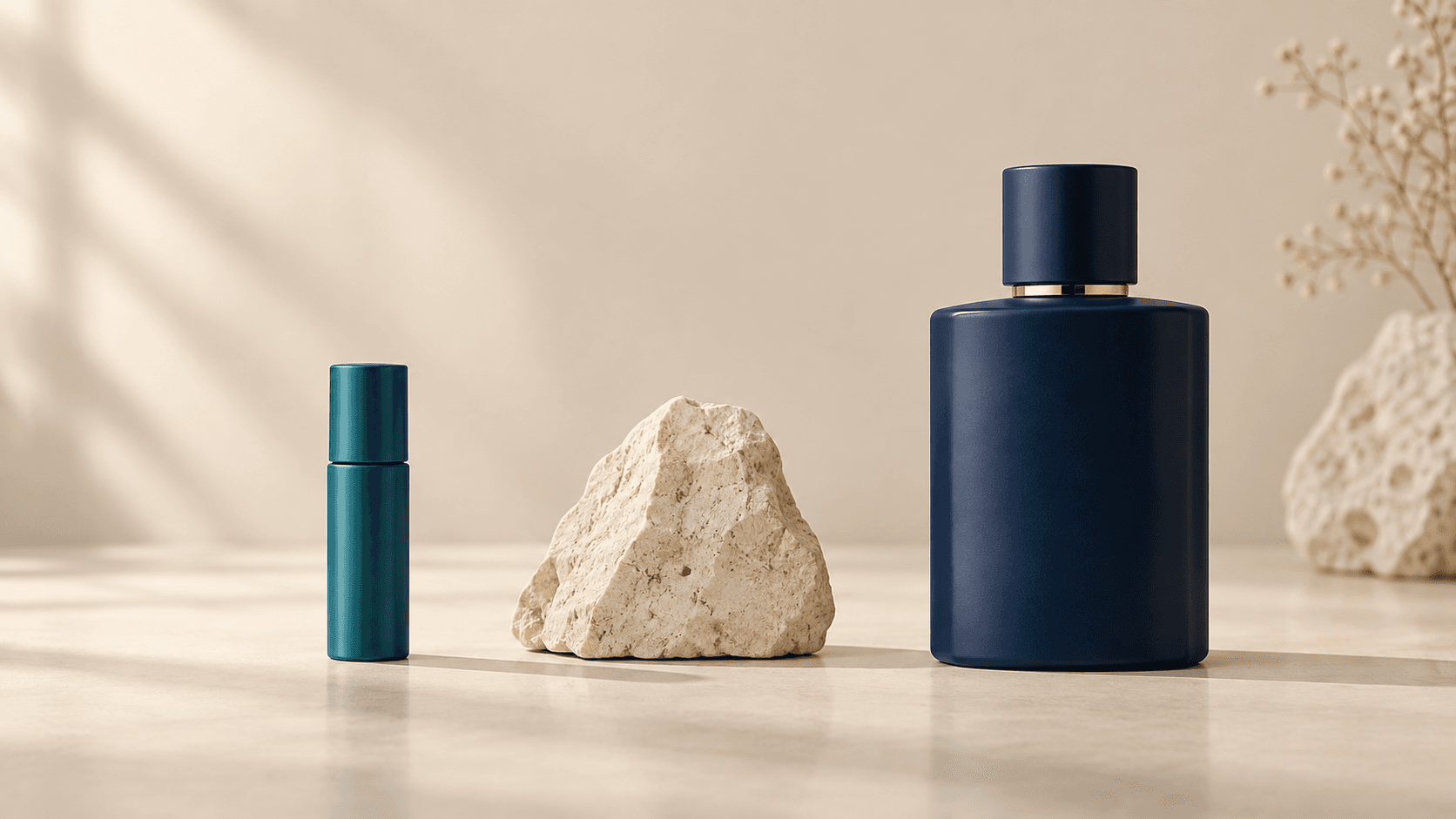 Botol parfum teal kecil dan botol navy besar dengan batu krem di tengah sebagai ilustrasi perbandingan decant dan full bottle