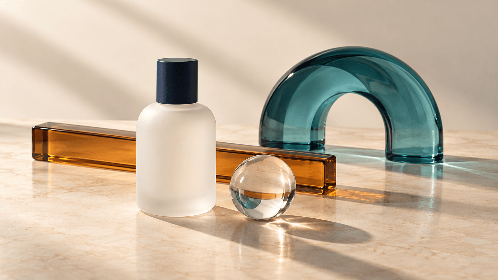 Still life editorial dengan botol kaca buram putih tanpa label, balok kaca amber, bola bening, dan lengkungan kaca teal di atas permukaan batu krem