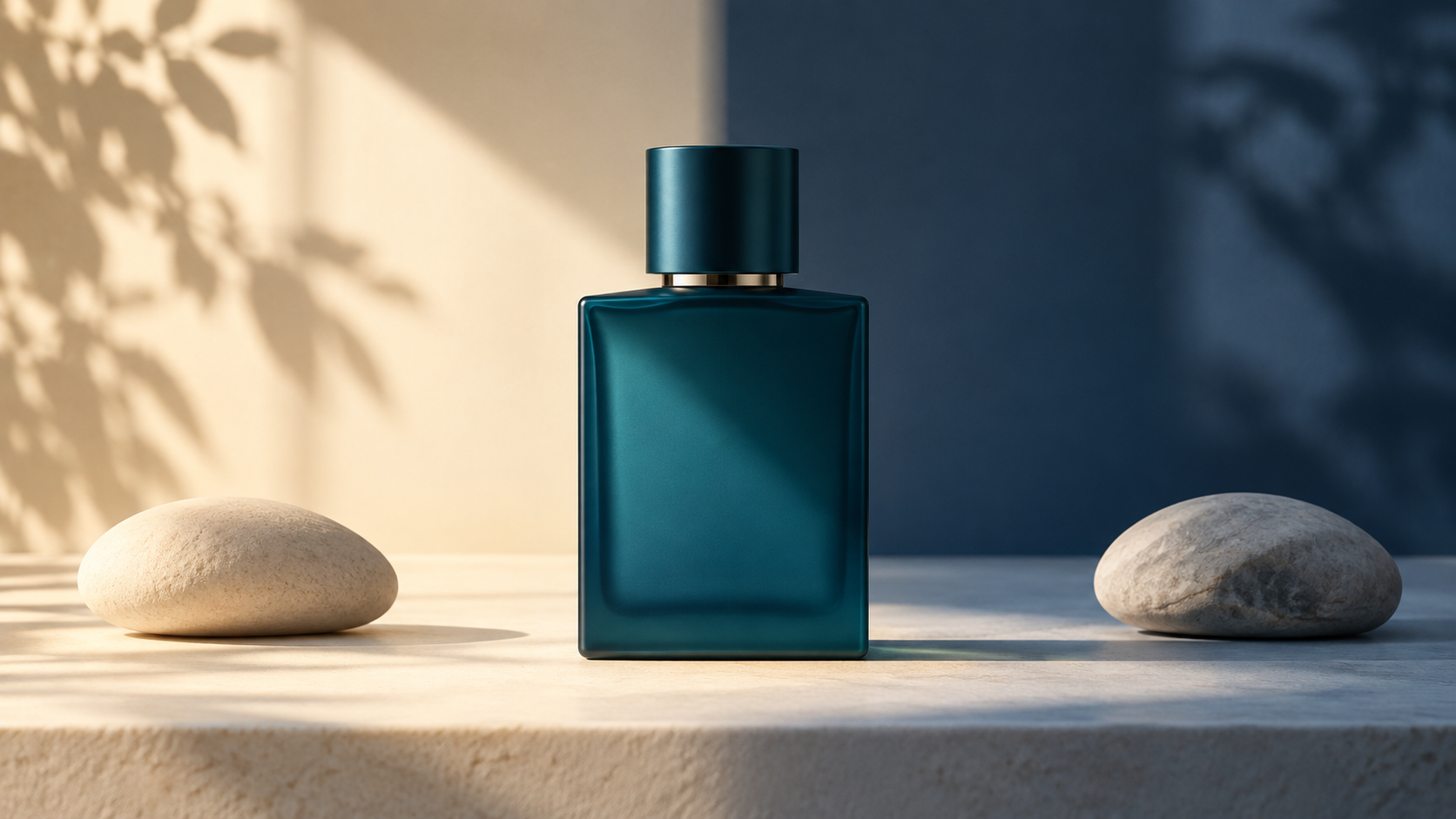 Botol parfum teal generik di antara pencahayaan hangat dan teduh sebagai ilustrasi perbedaan cuaca