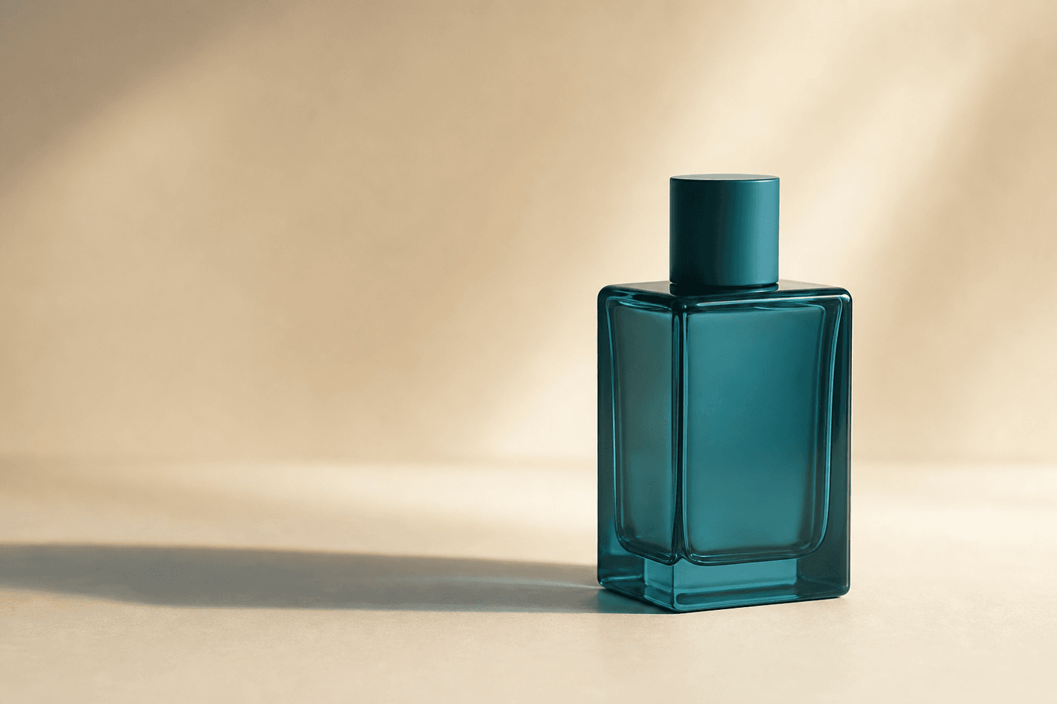 Ilustrasi botol parfum generik berwarna teal di atas meja krem
