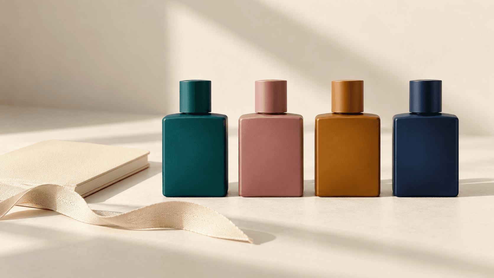 Empat botol parfum generik teal, rose, amber, dan navy bersama notebook serta pita sebagai ilustrasi profil parfum sehari-hari
