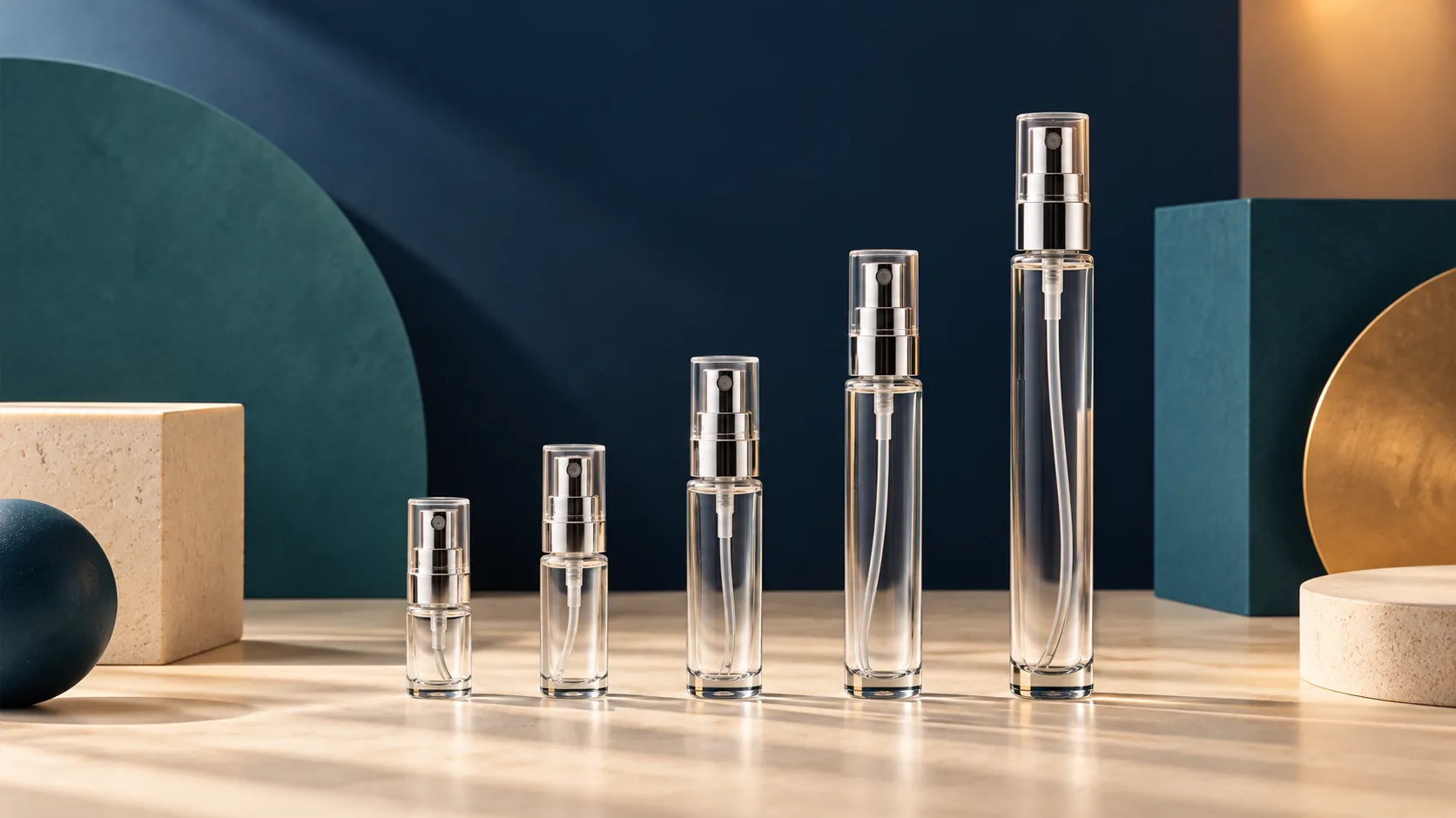 Lima botol atomizer generik tanpa label dengan tinggi berbeda sebagai ilustrasi pilihan ukuran decant parfum