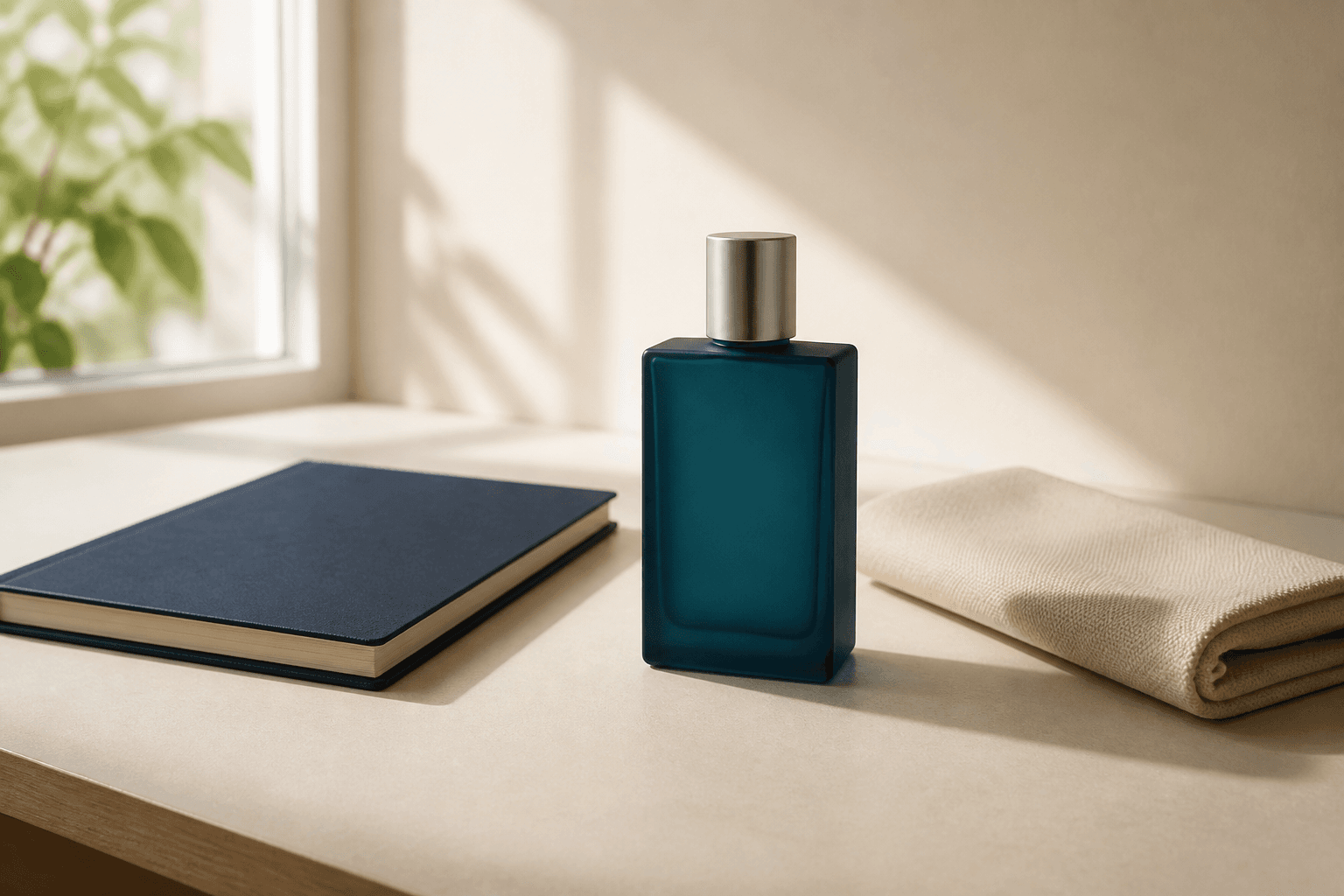 Ilustrasi botol parfum generik teal di samping notebook navy dan kain krem