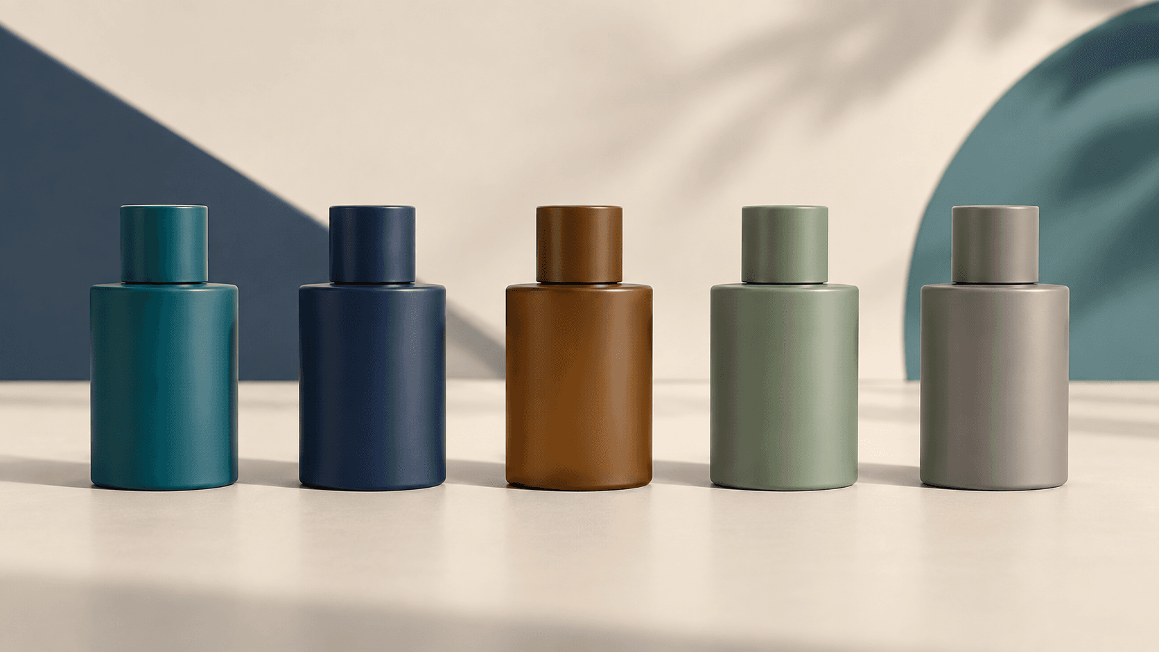 Lima botol parfum generik berwarna teal, navy, amber, sage, dan abu-abu sebagai ilustrasi lima profil aroma unisex