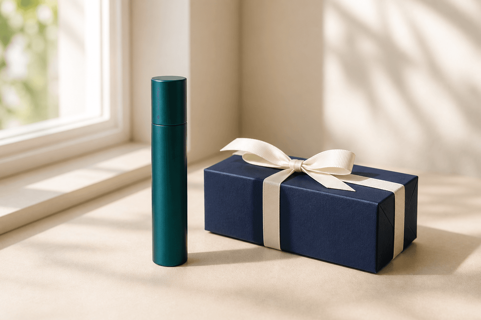 Ilustrasi vial parfum generik berwarna teal dan kotak hadiah navy berpita krem