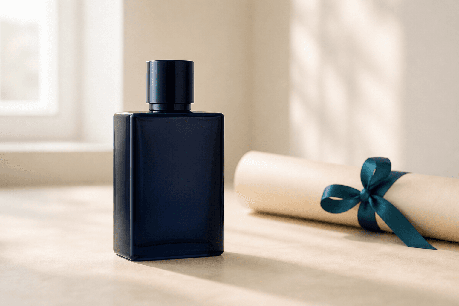 Ilustrasi botol parfum generik berwarna navy dan gulungan kertas berpita teal