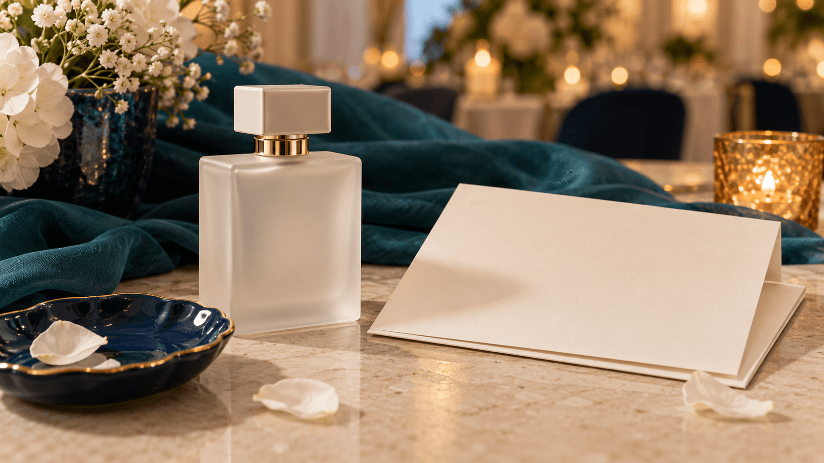 Botol parfum generik tanpa label, kartu undangan kosong, kain teal, dan bunga putih dalam suasana kondangan yang hangat