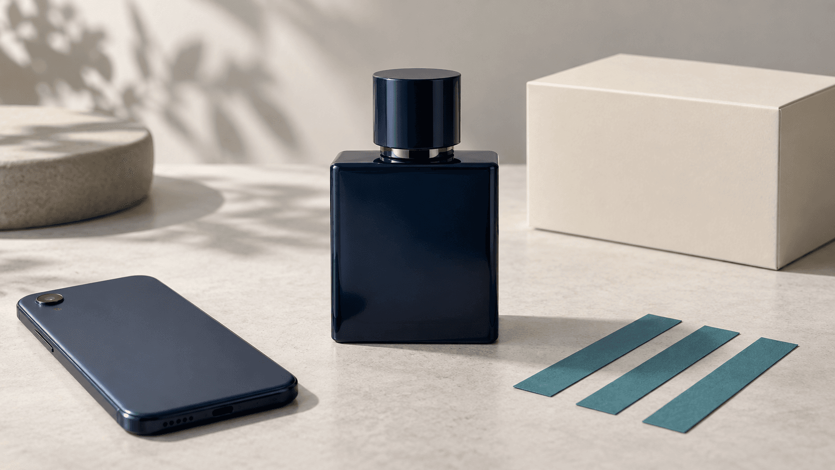 Botol parfum navy generik bersama tiga blotter, kotak polos, dan ponsel sebagai ilustrasi pengujian online dan offline