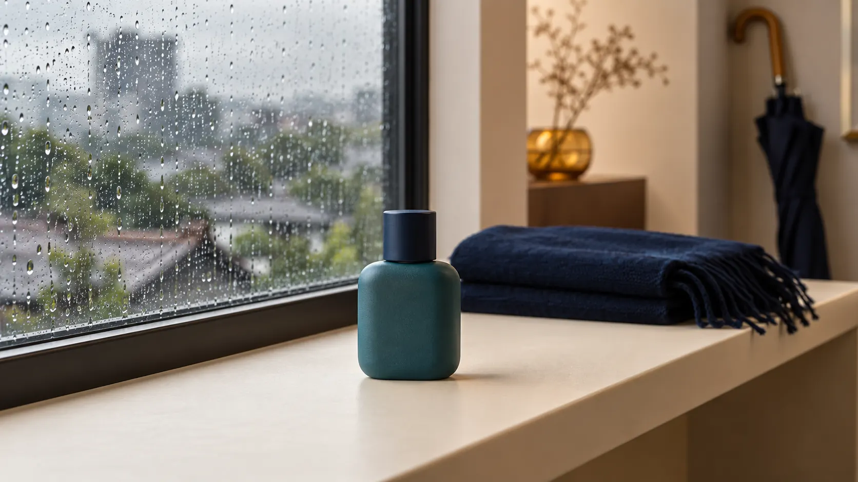 Botol parfum generik teal di ruangan kering dengan jendela berhujan, kain navy, dan payung tertutup