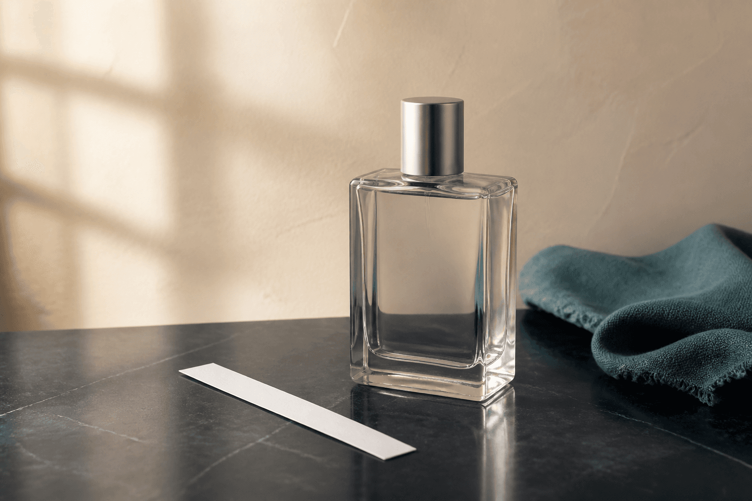 Botol parfum generik tanpa label dan kertas penguji aroma di atas meja gelap