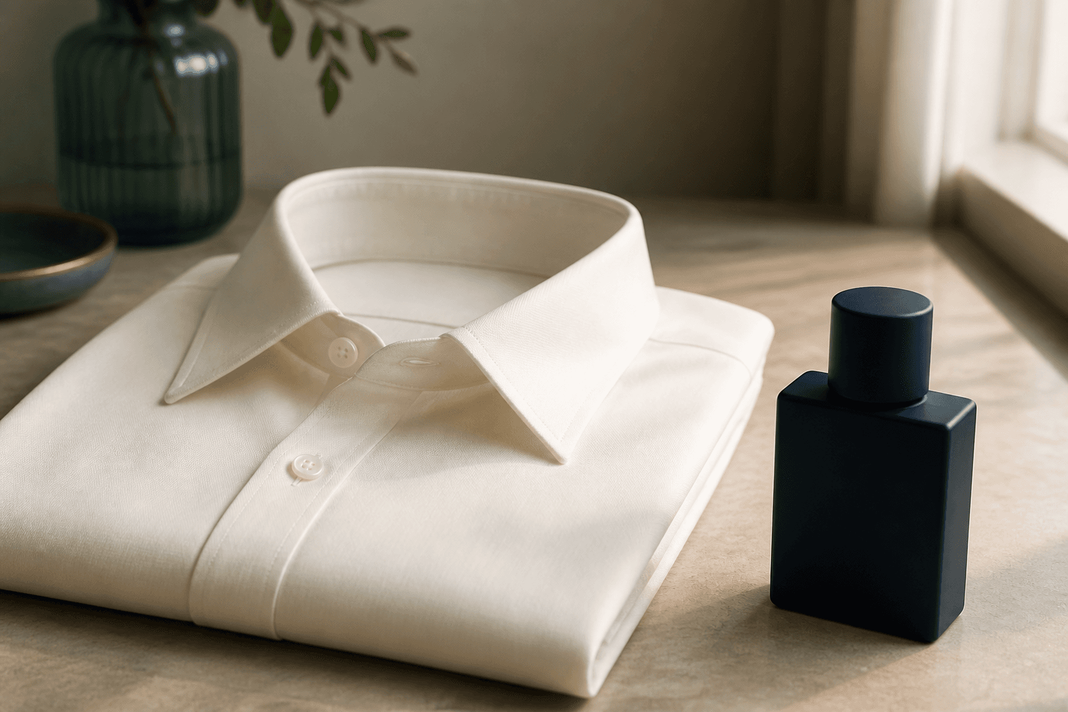 Kemeja formal berwarna krem dan botol parfum generik berwarna navy di atas meja