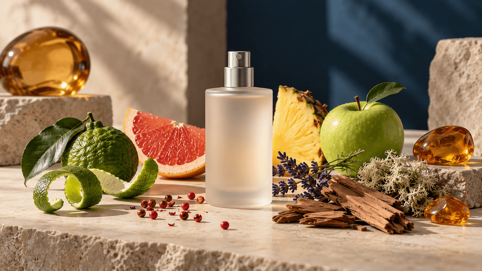 Botol parfum kaca buram tanpa label di antara grapefruit, sitrus hijau, nanas, apel, lavender, kayu, lumut, dan batu amber di atas balok batu krem