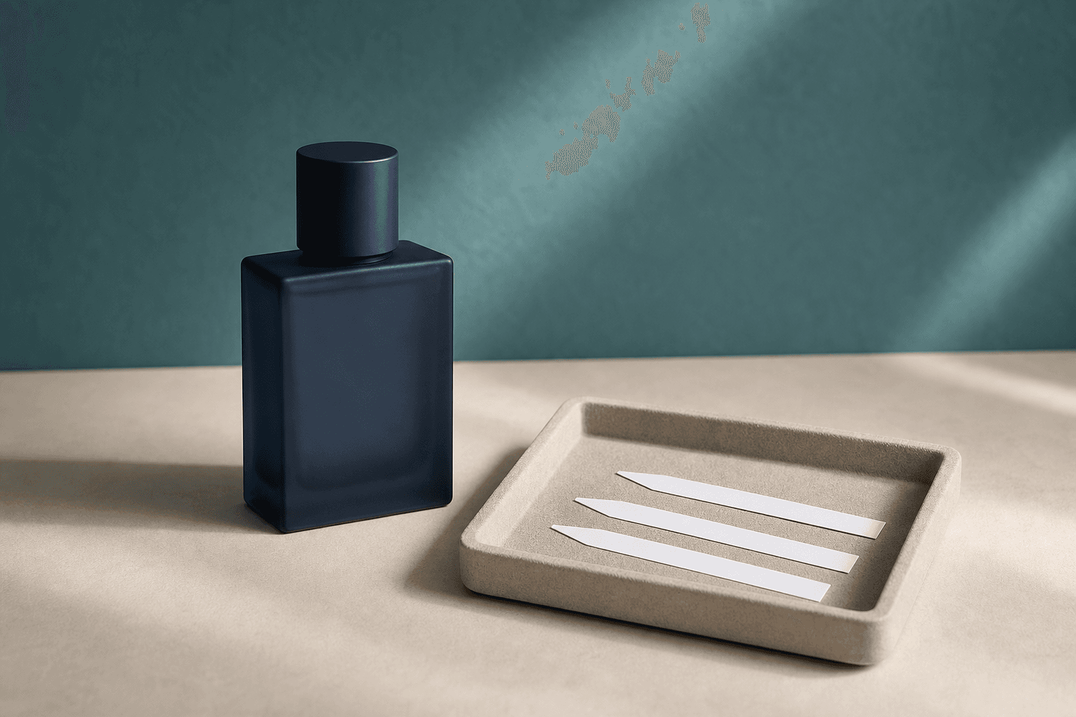 Botol parfum generik berwarna navy dan tiga kertas penguji aroma di dalam baki