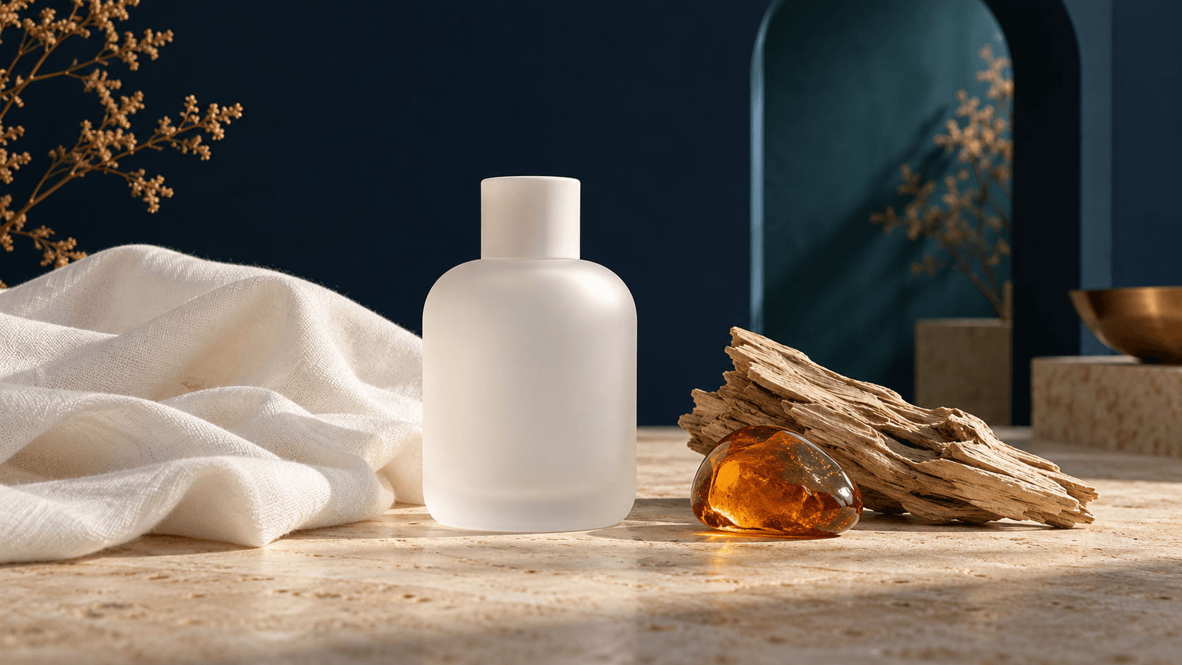 Botol parfum putih tanpa label, kain putih, kayu pucat, dan batu amber sebagai ilustrasi karakter musk dalam parfum
