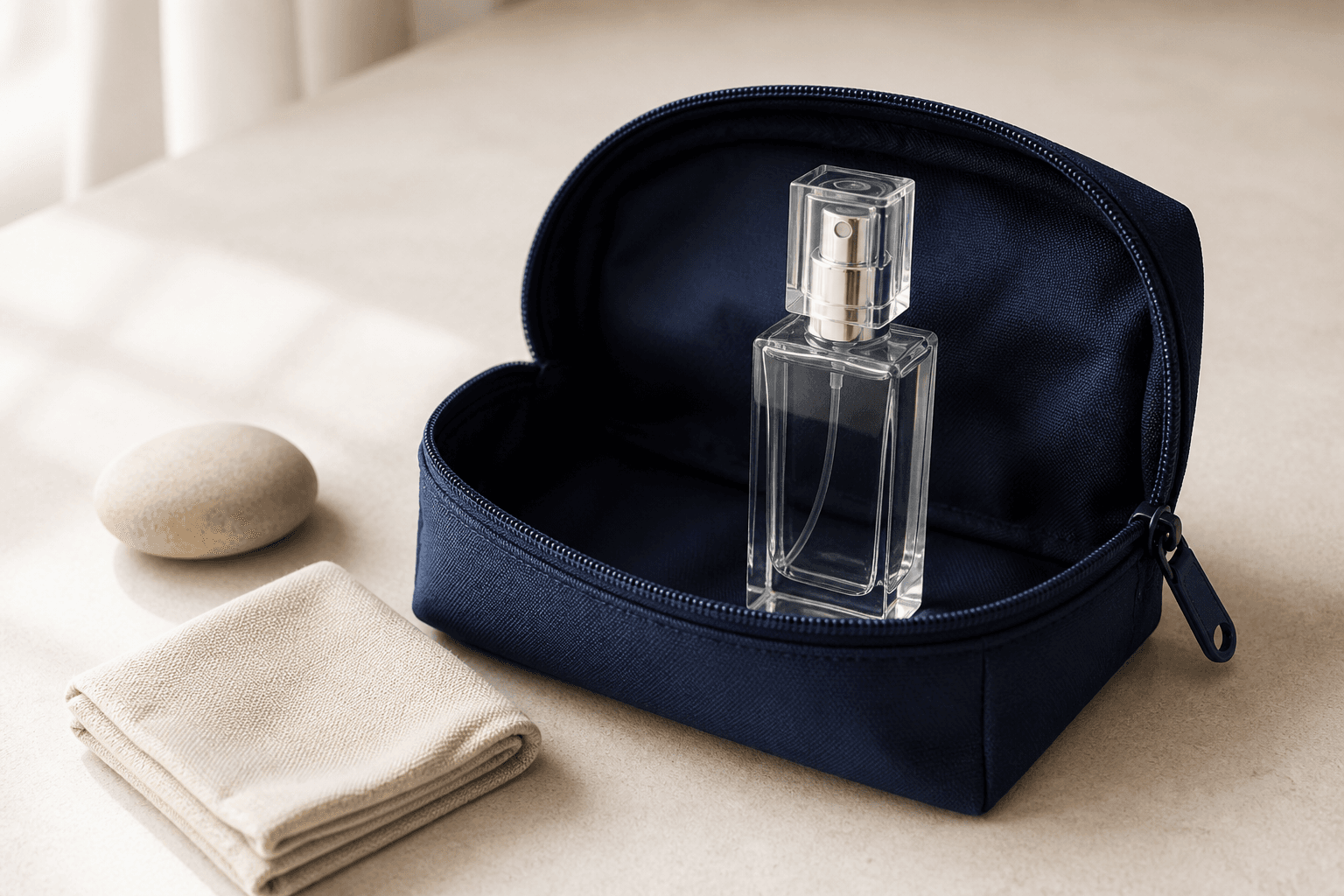 Botol parfum generik bening di dalam pouch perjalanan berwarna navy