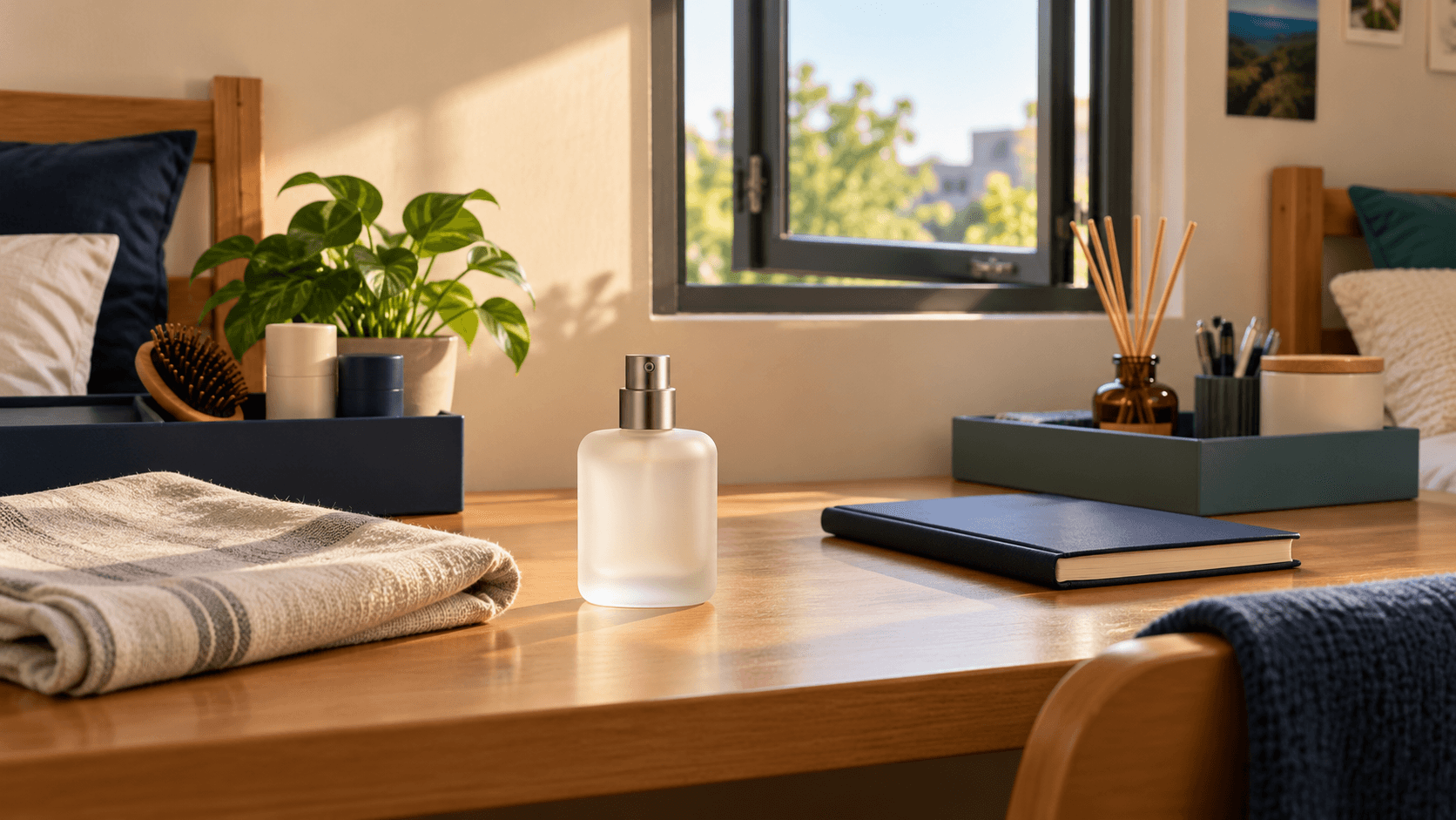 Botol parfum generik tanpa label di meja kamar kos yang rapi dengan kain, notebook, jendela terbuka, dan dua area penyimpanan
