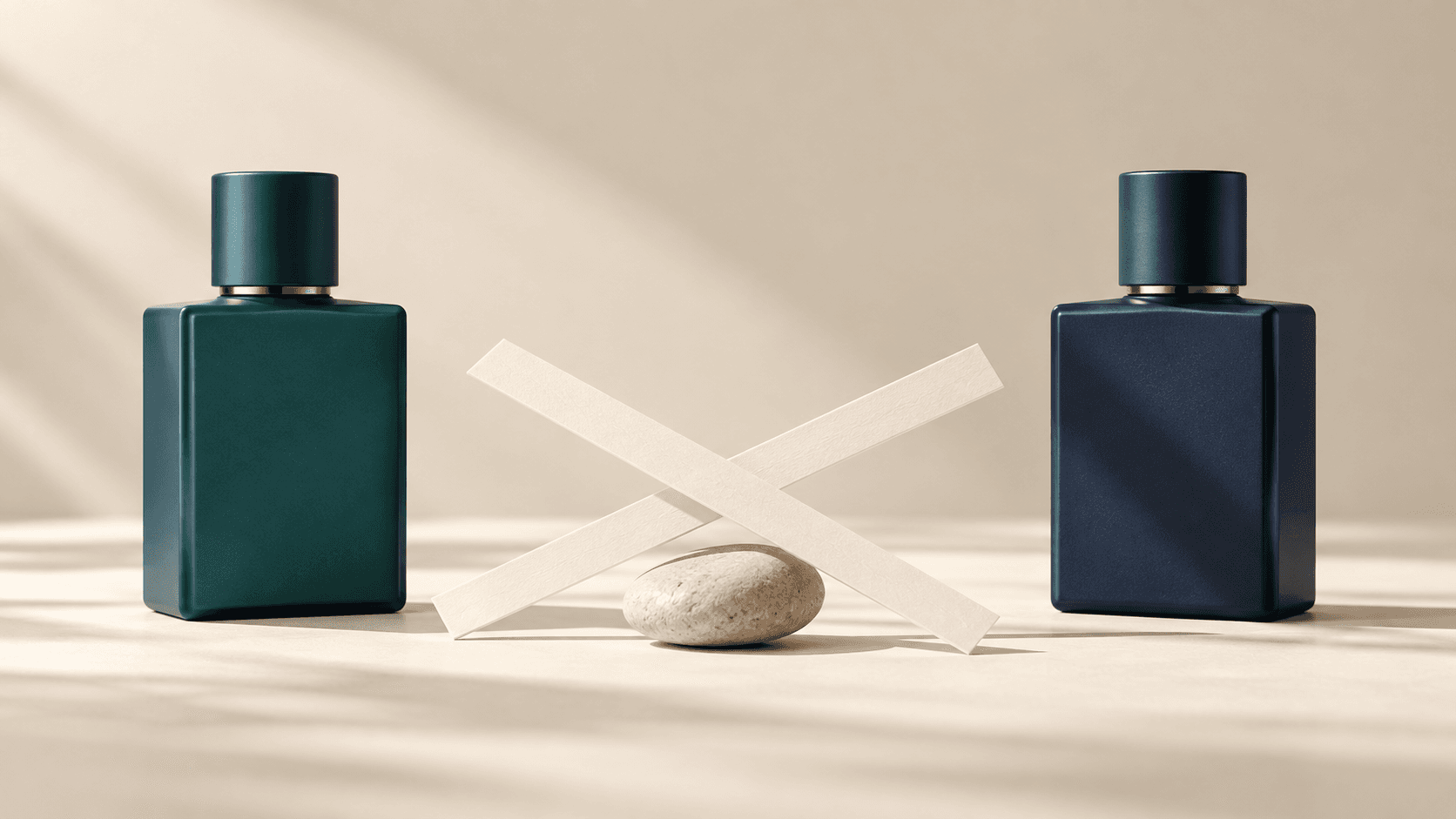 Dua botol parfum generik teal dan navy bersama dua blotter yang menyilang sebagai ilustrasi eksperimen layering parfum