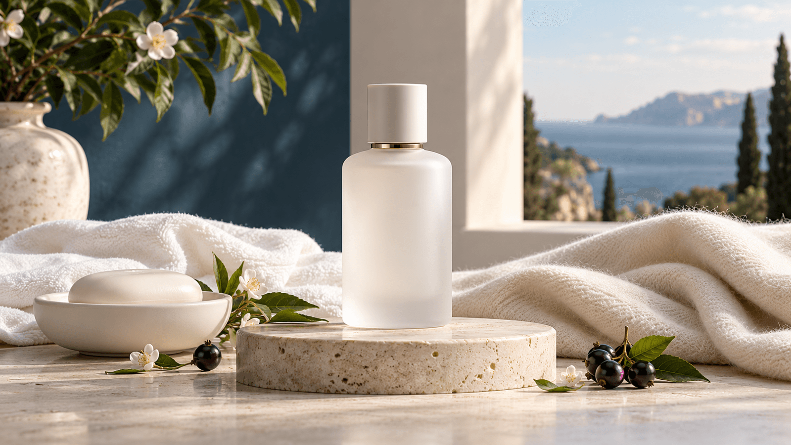 Botol parfum putih polos di atas batu krem, dikelilingi sabun, kain putih, bunga, daun, dan buah beri dalam suasana bersih