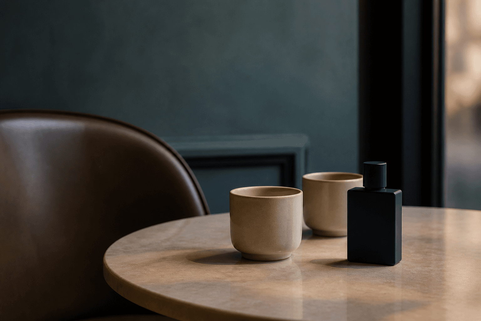 Botol parfum generik berwarna navy dan dua cangkir keramik di atas meja kafe