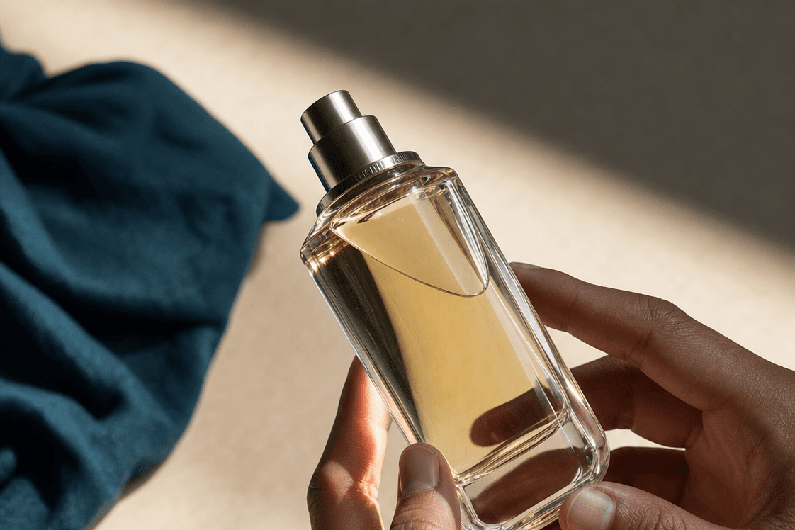 Tangan memegang botol parfum sambil membaca label ukuran di kemasannya