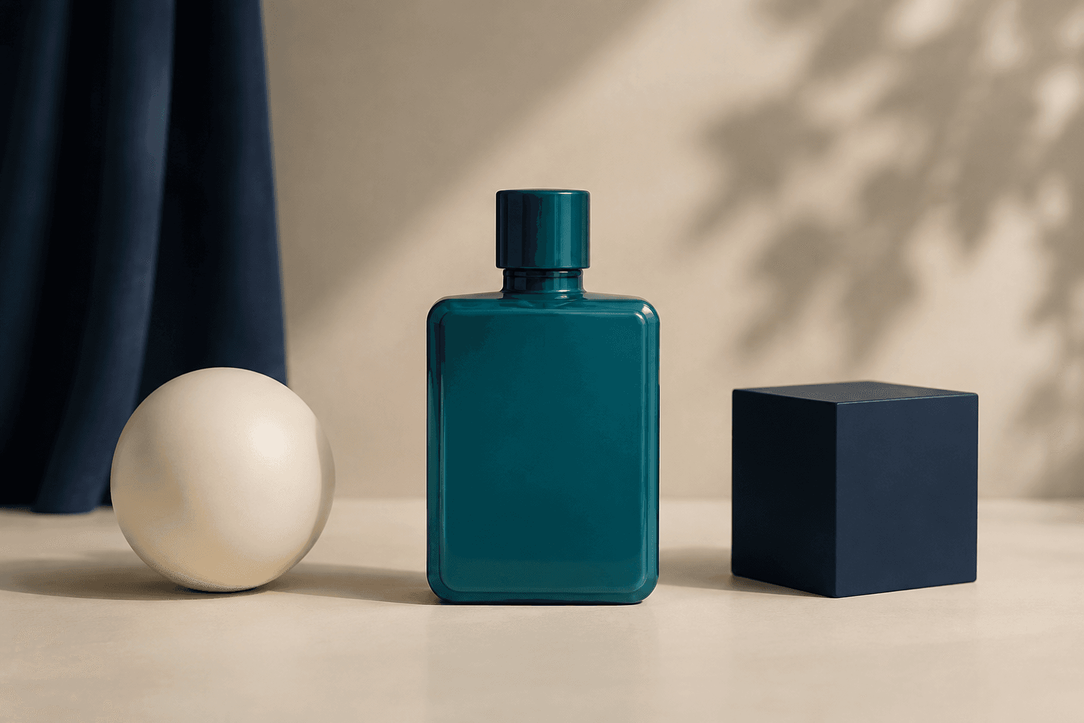 Botol parfum teal tanpa merek di antara bola gading dan balok navy pada latar krem