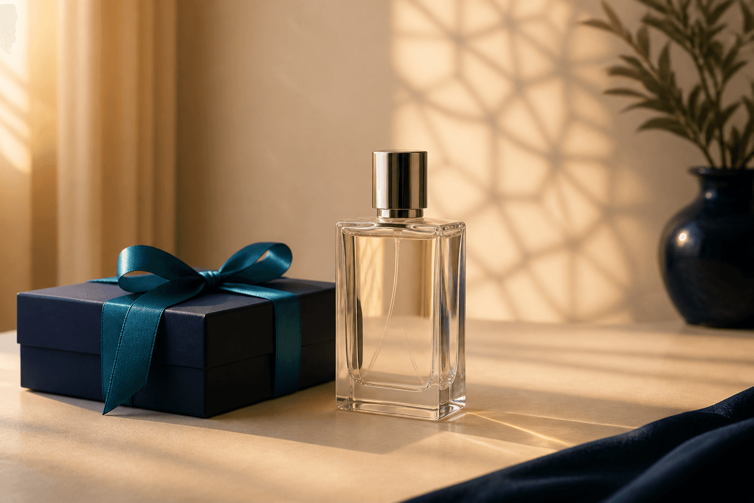 Ilustrasi botol parfum generik dan kotak hadiah berwarna navy dengan pita teal