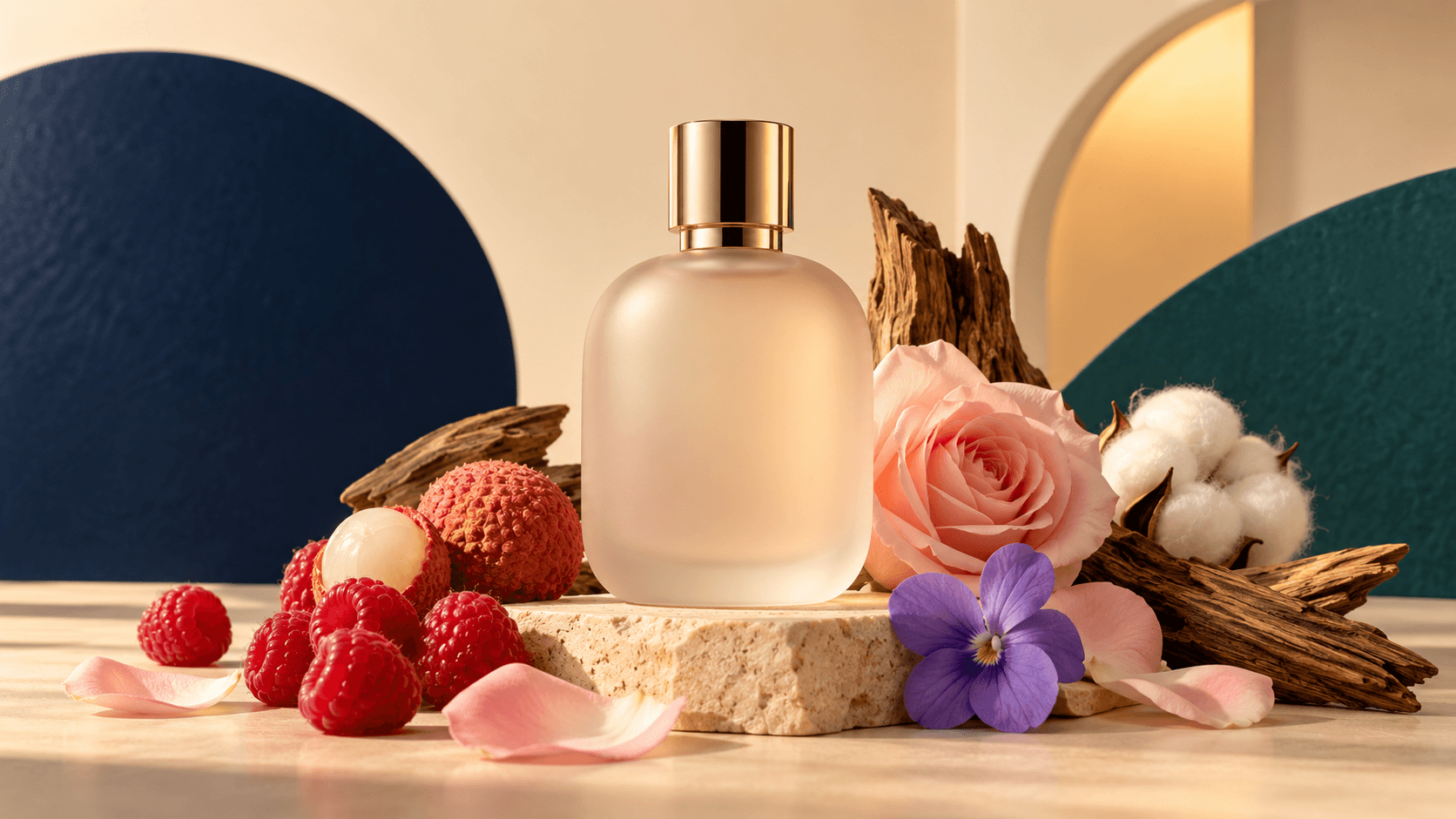 Botol parfum generik tanpa label bersama raspberry, lychee, bunga merah muda dan ungu, kapas, serta kayu sebagai ilustrasi profil floral-fruity creamy