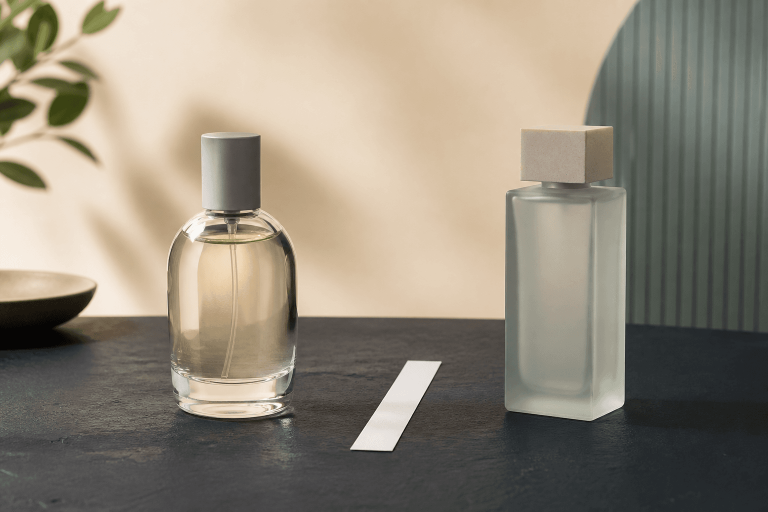 Dua botol parfum generik berbeda bentuk dan kertas penguji aroma di atas meja gelap