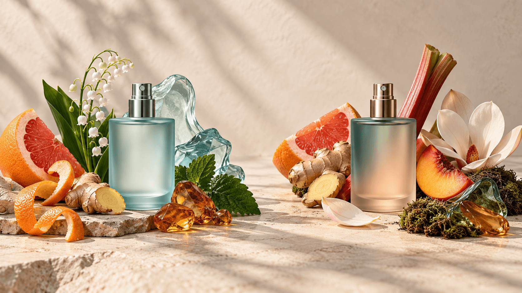 Dua botol parfum generik tanpa label dengan grapefruit, jahe, bunga, buah persik, rhubarb, dan elemen laut sebagai ilustrasi perbandingan aroma