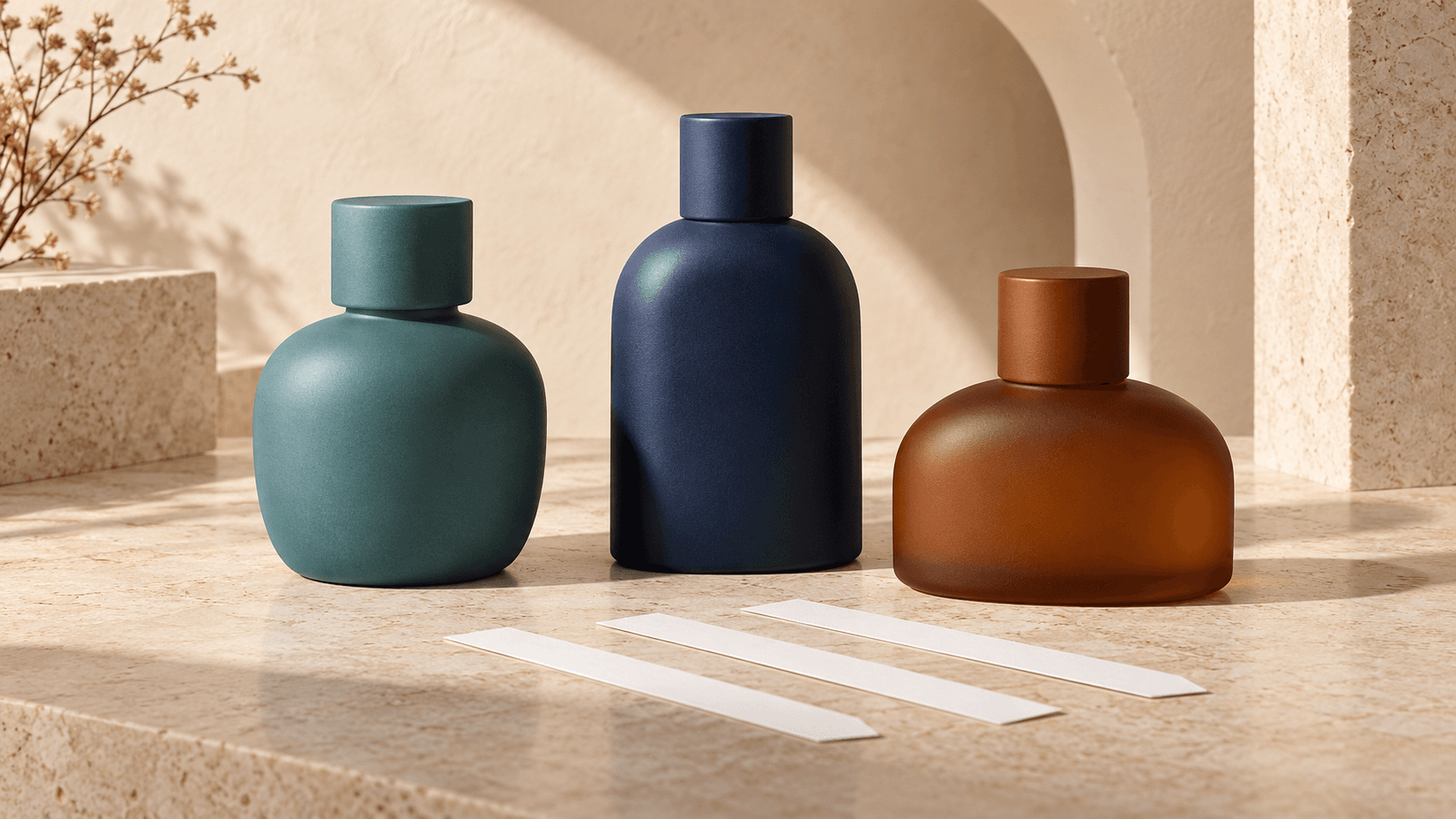 Tiga botol parfum generik opak berwarna teal, navy, dan amber bersama tiga blotter kosong di atas meja krem