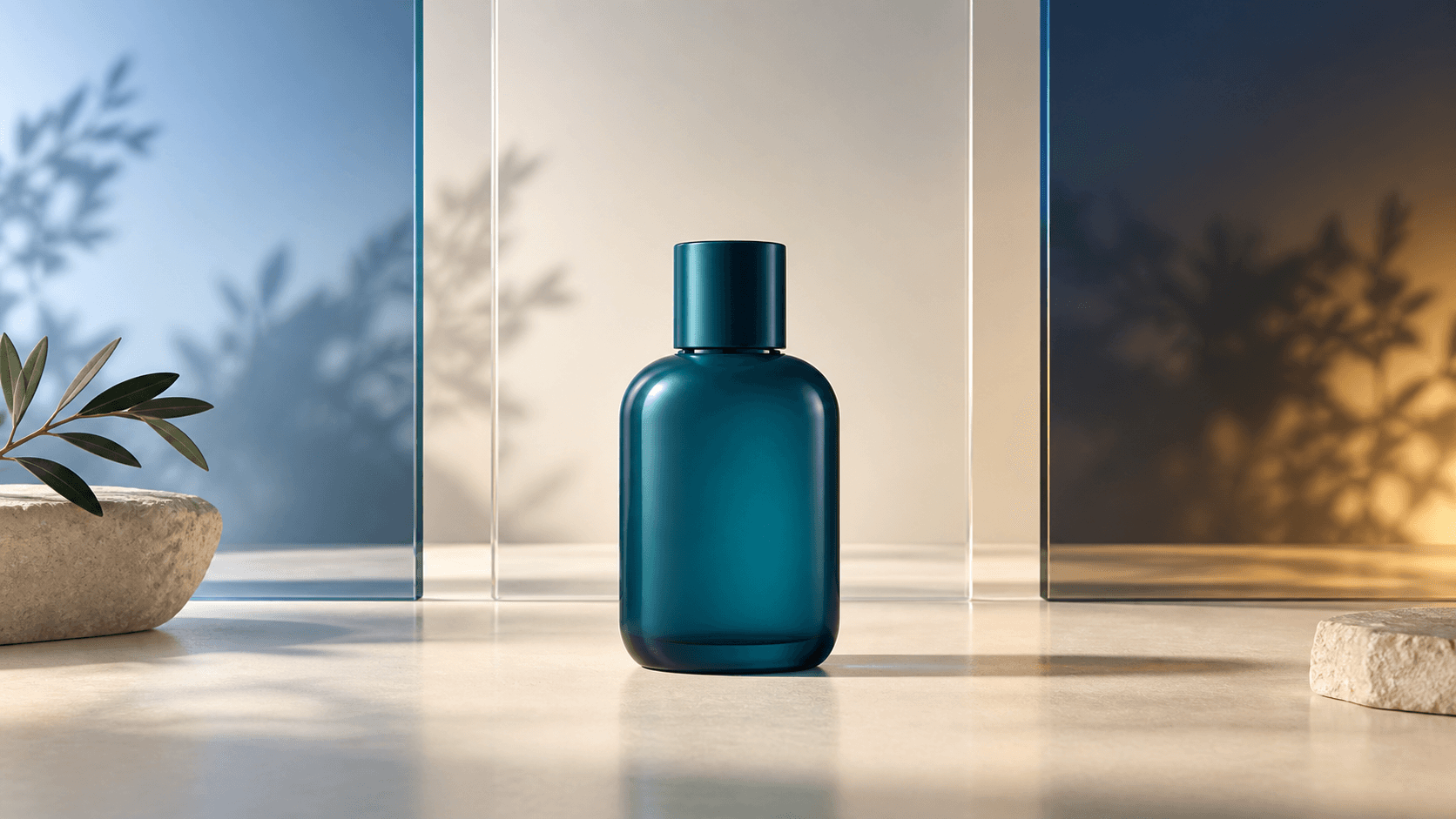 Botol parfum teal generik di depan tiga panel cahaya bernuansa pagi, siang, dan malam