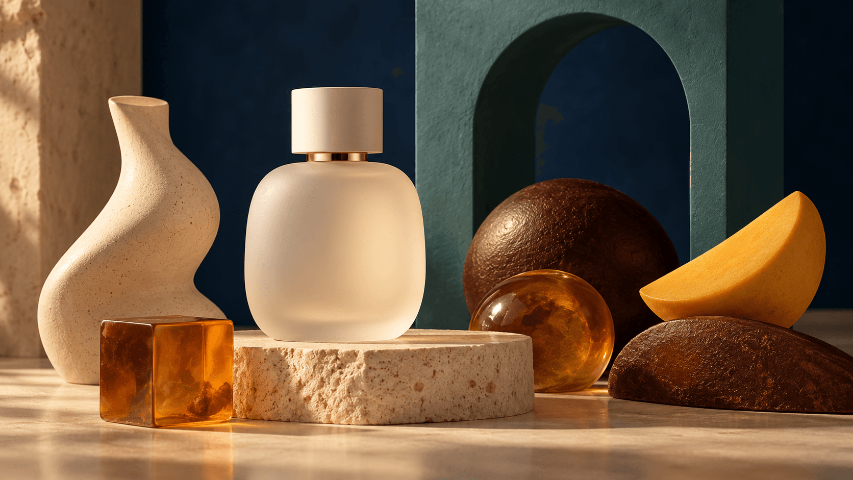 Botol parfum generik berwarna krem tanpa label di atas pedestal batu, dikelilingi vas keramik dan bentuk geometris amber, cokelat, serta kuning